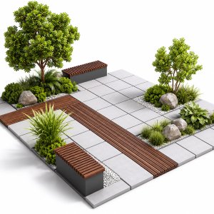 Urban Environment - Urban Furniture - Green Benches With plants 30