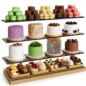 Showcase with cakes and desserts